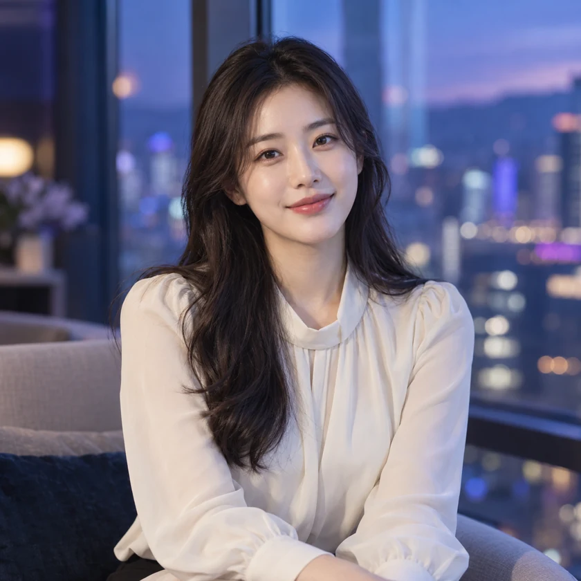 창가의 보랏빛 배경에서 미소 짓는 성인 여성의 밍키넷 오리지널 이미지