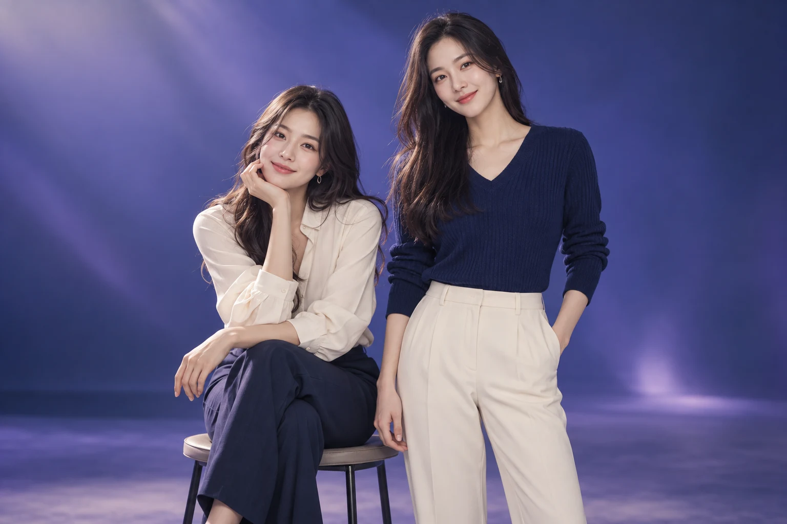 차분한 보랏빛 스튜디오에서 촬영한 성인 여성 모델의 오리지널 이미지